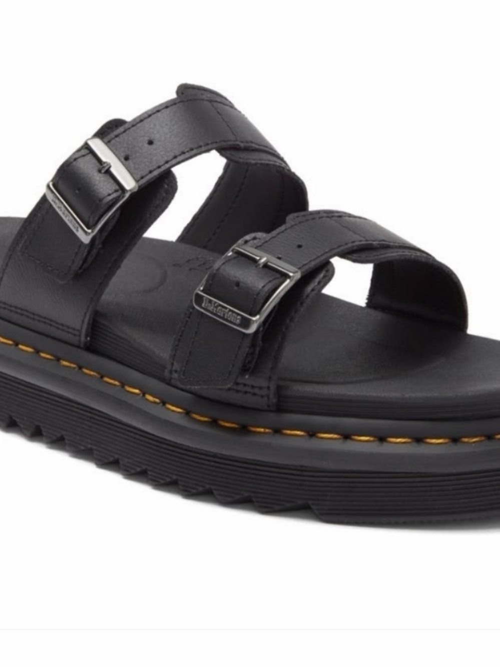 Dr. Martens Myles Black Leather Double-Strap Sandals with Yellow Stitching Sz 6